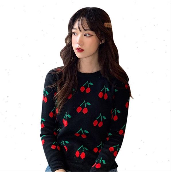

women womens sweaters spring autumn winter clothes female cartoon cherry print slim long sleeved round collar bottom knit sweater, White;black