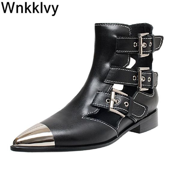 

boots summer short women flat heel metal pointed toe belt buckle strap botas gladiator autumn shoes hollow out ankle, Black