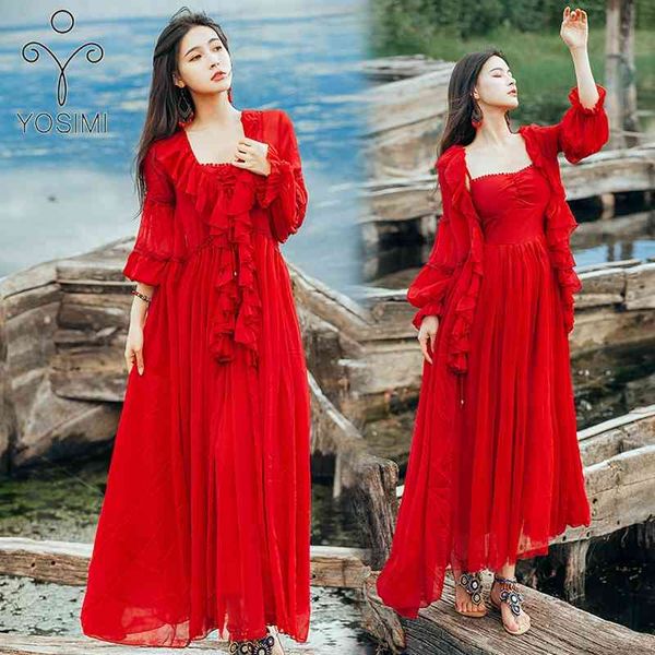 

yosimi red chiffon long dress for women summer v-neck sleeve ankle-length party night club 2 piece outfits 210604, Black;gray