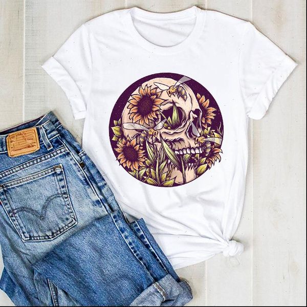 

women lady t shirt sunflower skull horror floral print ladies summer tee womens female clothes graphic, White