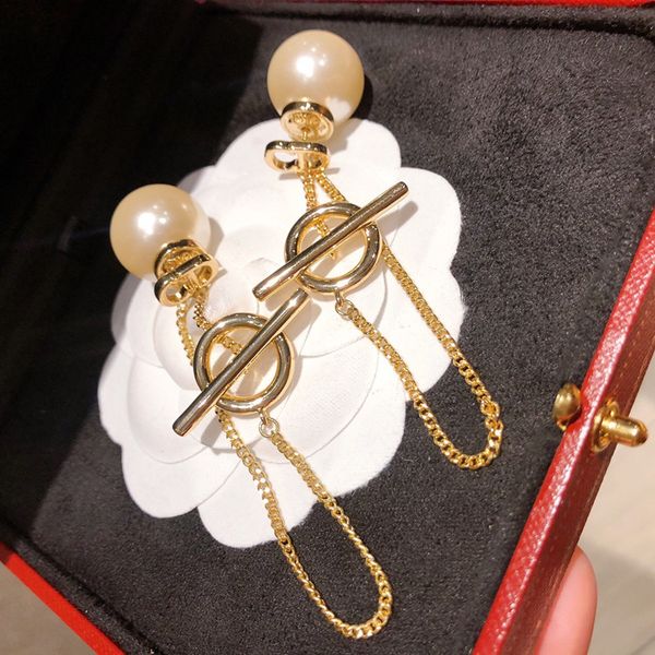 

designer jewelry pearl women's net red tassel xianggranny double asymmetric earrings back hanging style, Golden