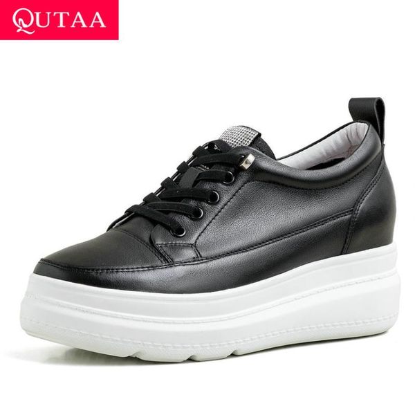 

dress shoes qutaa 2021 fashion platform cow leather round toe casual women wedge high heel lace up spring autumn pumps size34-39, Black