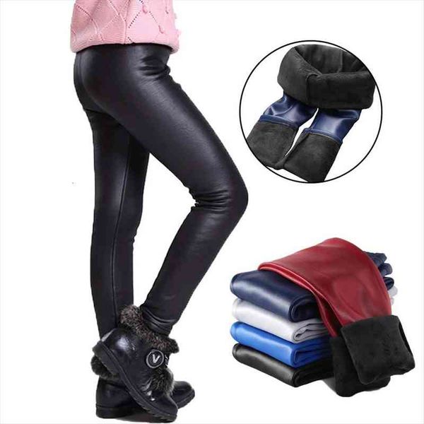

girls faux pu leather leggings winter thick fleece lined for cute black red children kids stetchy, Blue