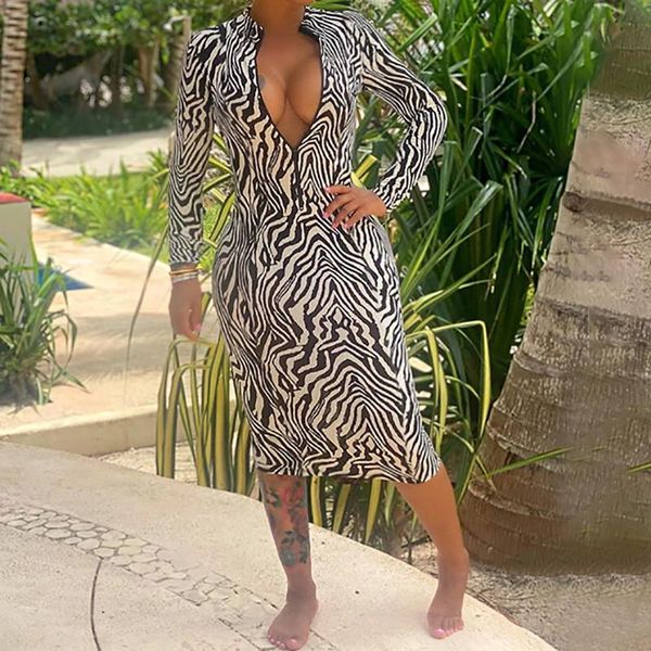 

casual dresses fashion women dress fall autumn long sleeve zebra skin print turtleneck bodycon party front zip up pencil skinny, Black;gray