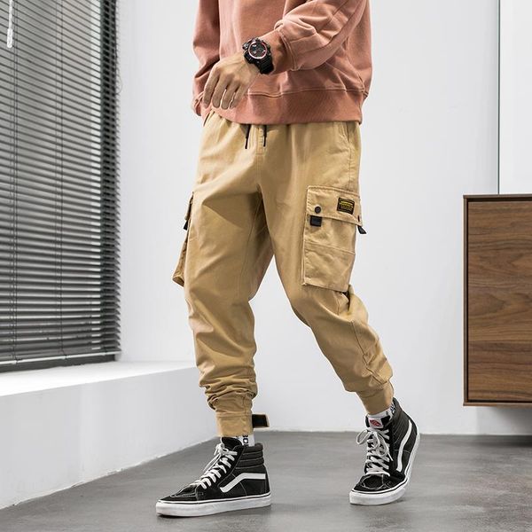 

men's pants aprilmomo2021 autumn loose casual trend overalls solid color youth trendy big pockets mid-rise trousers, Black