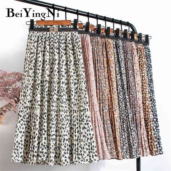 

high waist midi skirts for women floral printed belt vintage harajuku faldas mujer chiffon pleated skirt saias 210506, Black