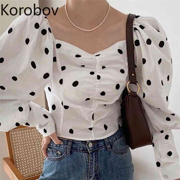 

korobov new women polka dot shirts korean square collar puff long sleeve chic shirts vintage elegant slim blusas mujer 210430, White