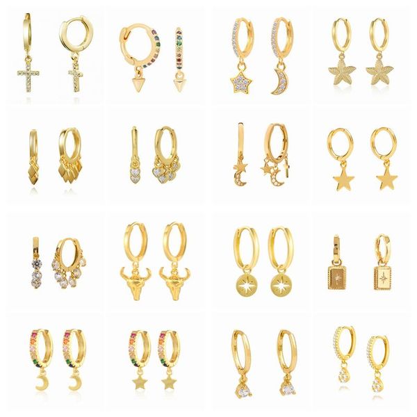 

hoop & huggie canner 925 sterling silver plated gold crystal five-pointed star earrings women simple pendientes wedding jewelry accessories, Golden;silver