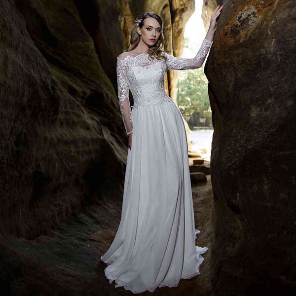 Abiti da sposa a maniche lunghe in chiffon a trapezio 2021 Abito da sposa vintage con scollo a barchetta e applicazioni in pizzo con strascico abbottonato sul retro