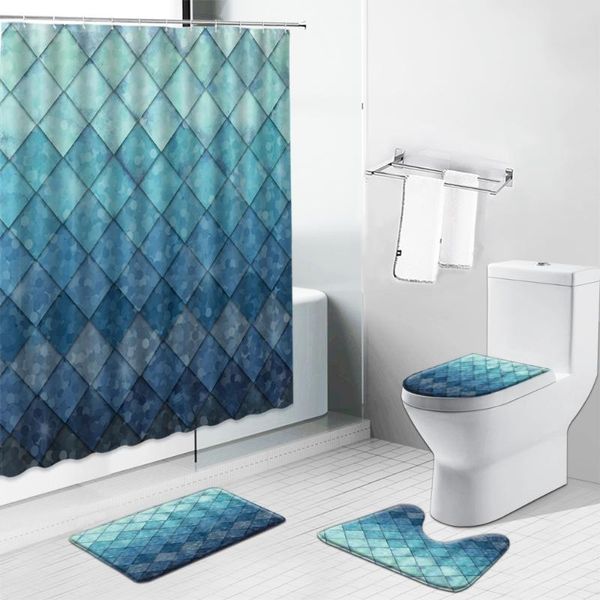 

shower curtains geometric marble printing bathroom gray gradient solid color non-slip toilet cover carpet mat cloth curtain set