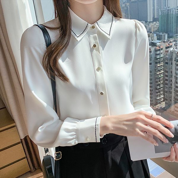 

korean shirts women chiffon blouses long sleeve office lady white plus size woman embroidery 210427