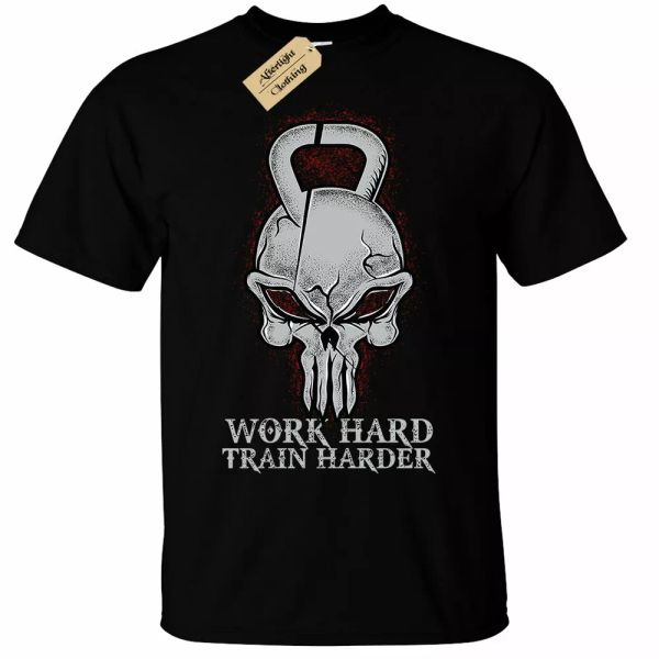 

Skull kettlebell kettle bell exercise shirt gym bodybuilding mens, White;black
