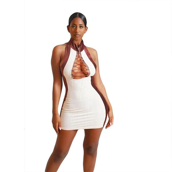 

casual dresses women sleeveless dress hollow out clubwear patchwork bodycon mini, Black;gray