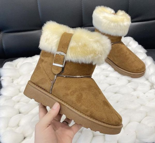 

boots shoes women warm solid slip-on soft snow round toe flat with winter fur ankle, Black