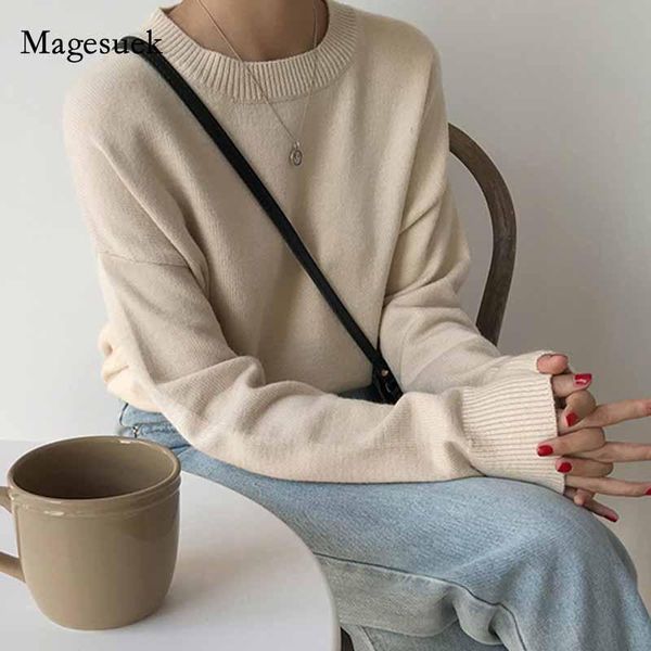 

women's sweaters solid color loose pullover 2021 simple women thicken winter clothes warm long sleeve round-neck 10608, White;black