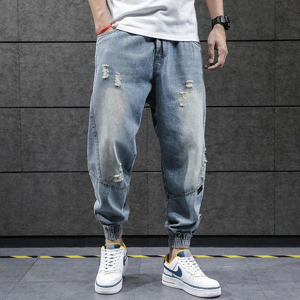 

men's jeans 2021 hip hop harem pants men loose joggers denim casual sweatpants korea ankle length trousers streetwear, Blue