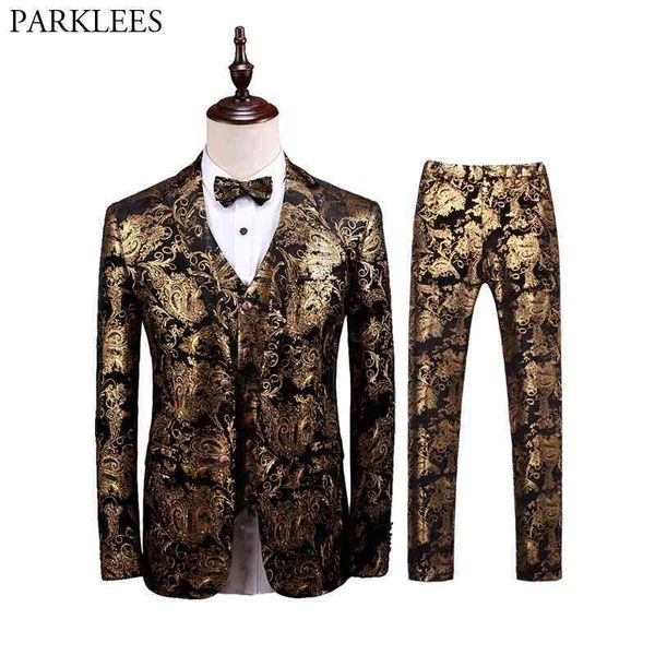 Lüks Altın Paisley 3 Parça Smokin Takım Elbise Erkekler Marka Slim Fit Düğün Damat Kadife Elbise Mens Parti Balo Sahne Kostüm Homme 210522