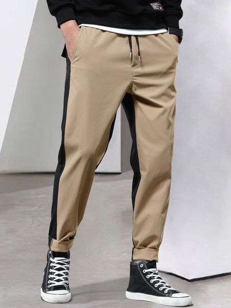 

men color block drawstring waist pants r0pg#, Black