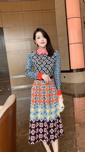 

popular early autumn fashion positioning printed shirt collar dress, Black;gray
