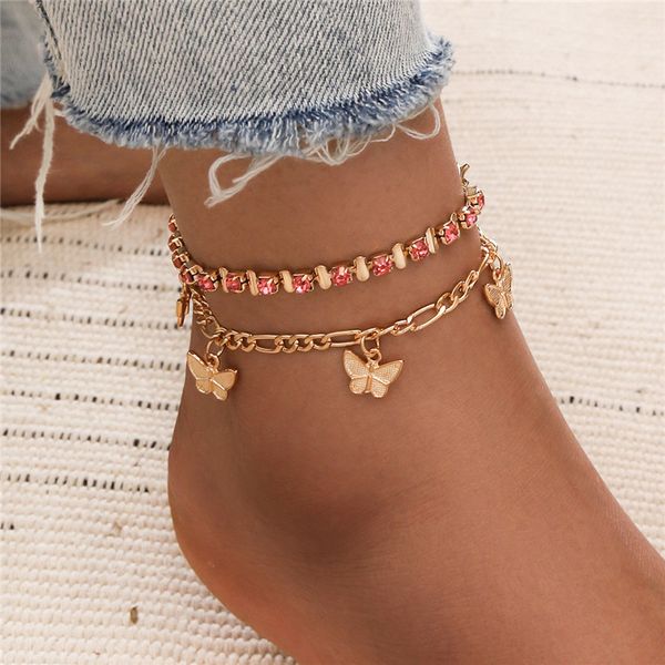 Sunu New Red Crystal Braclets Braclets для женщин Gold Color Butterfly Multi-Layer Anklet Женская простая нога цепи ноги ювелирные изделия