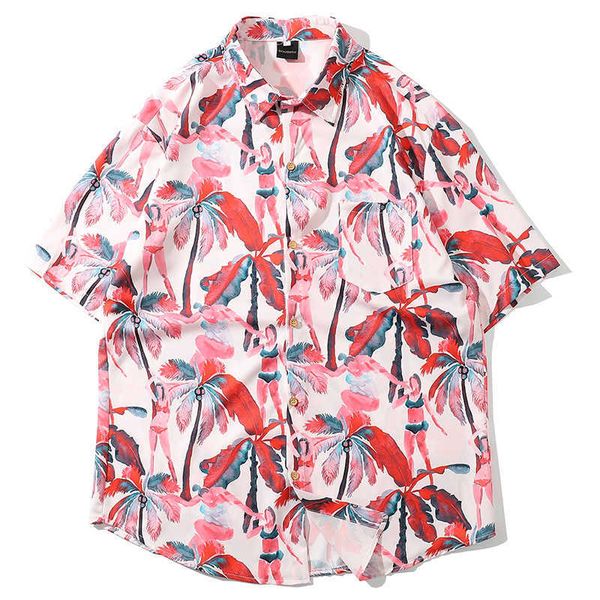 Herren Hawaiian Hemd Rosa Bikini Mädchen Kokosnussdruck Marke Lose Licht Kurzarm Strand Shirts Für Männer 210527