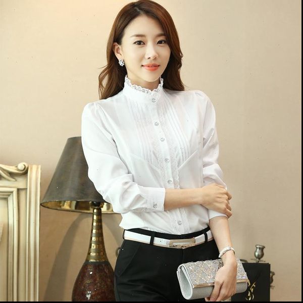 

white and fashion womens blouses lace patchwork long sleeve office work formal shirts female casual clothing