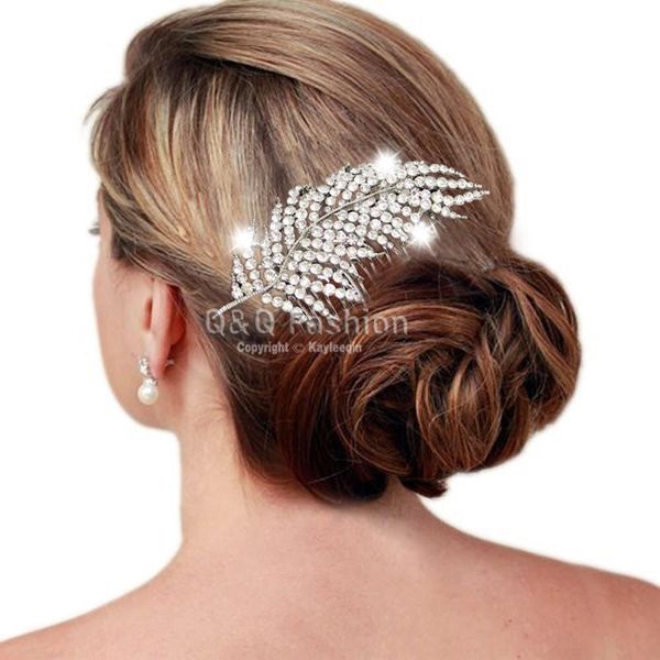 

hair clips & barrettes 1920s gatsby diamante feather leaf bridal prom pin clip dress slide comb jewelry, Golden;silver