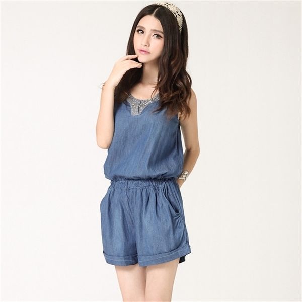 Vintage Denim Overall Frauen Dünne V-ausschnitt Elastische Taille Mit Taschen Jeans Playsuit Diamant Ärmel Macacao feminino S74401 210421