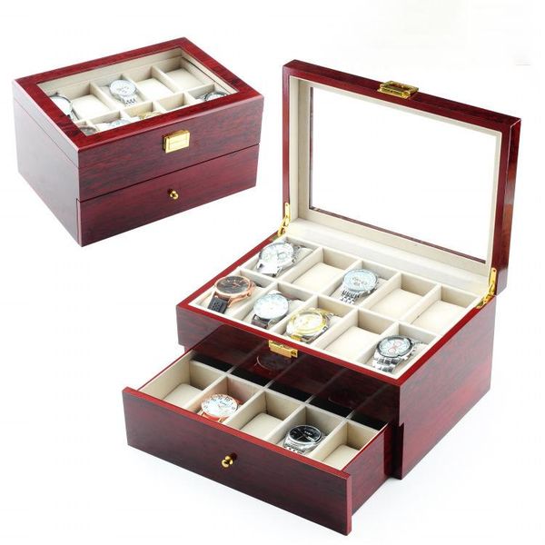 

watch boxes & cases 20 slots luxury dark red color wooden men box jewelry organizer storage for watches, Black;blue