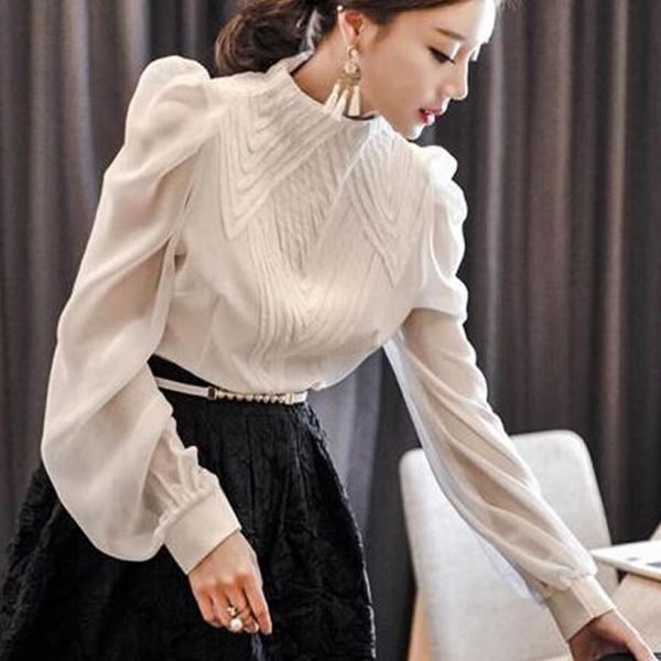

womens blouses spring autumn women puff sleeve stand collar chiffon office ladies shirt plus size 2xl, White