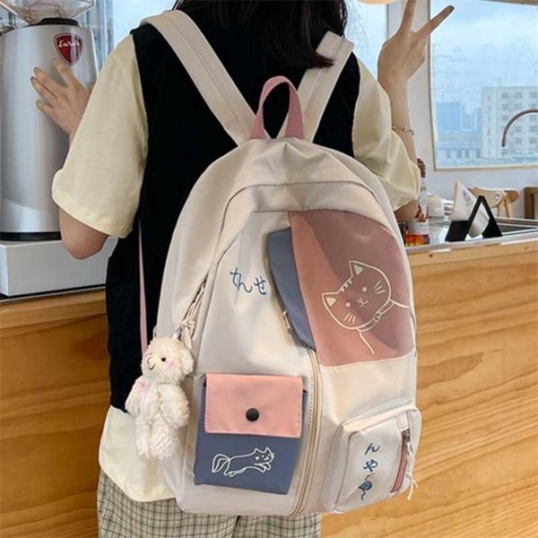 

est women backpack kawaii patchwork female large capacity waterproof nylon shoulders school bag preppy mochila bolsa 211026