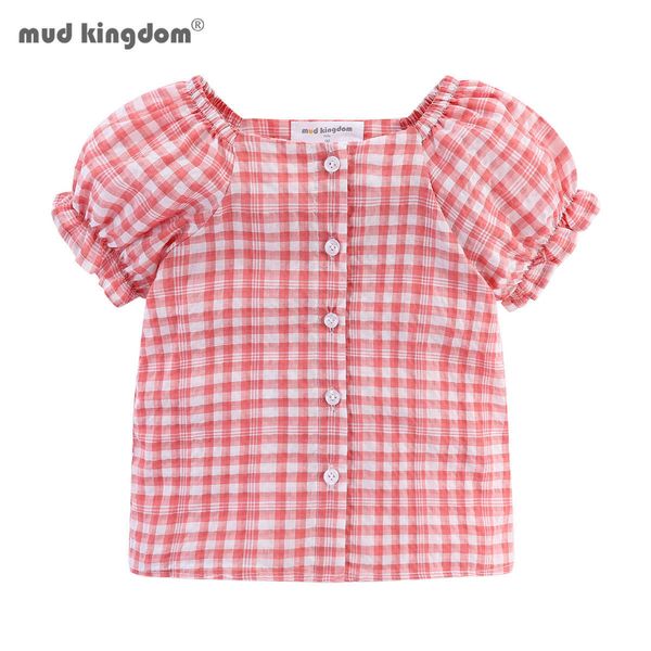 

mudkingdom plaid puff sleeve girls blouse button down summer bubble off shoulder cardigan shirt 210615, Blue