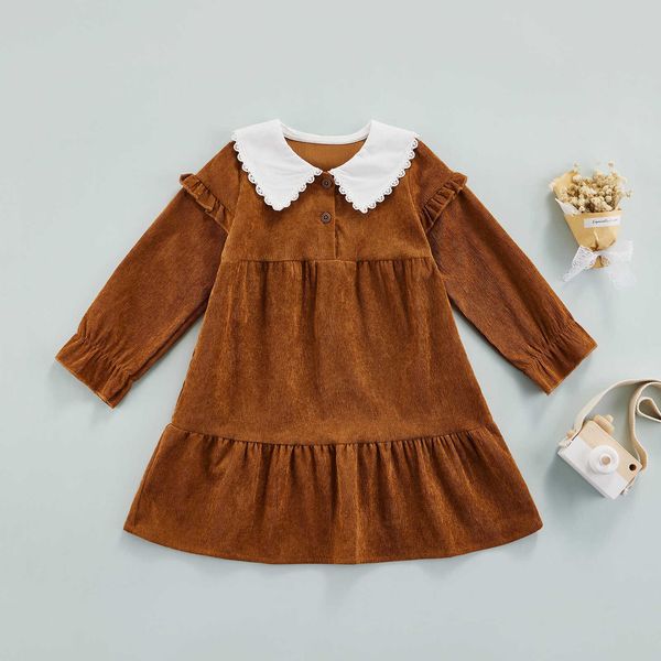 Herbst Kind Mädchen Kleider Puppe Revers Design Ausschnitt Tasten Rüschen Saum Cord Casual Kleid Kinder Kleidung G1026