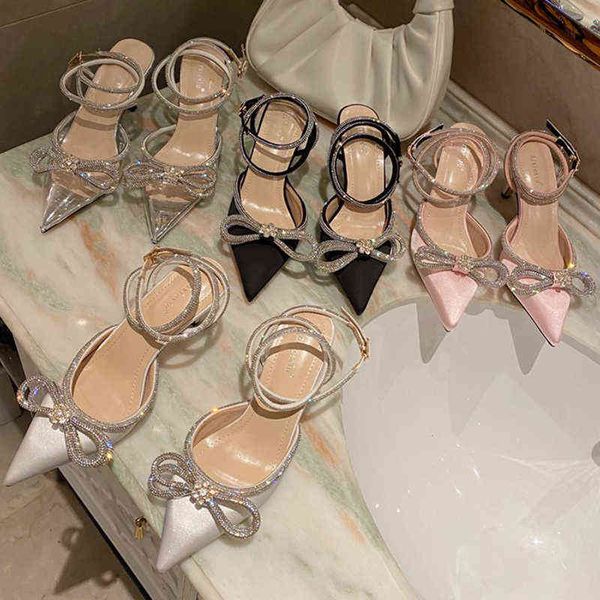 

2021 summer luxury women bling crystal 7cm high heels sandals pink clear heels rhinestone sandals prom cinderella wedding shoes y220211, Black