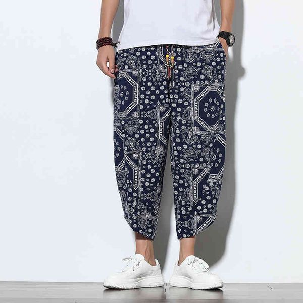 

men's pants new summer harem streetwear loose casual ankle length trousers printed wide leg pantalon m2ah, Black