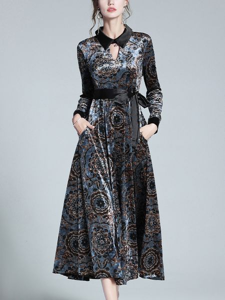 

pleuche dress 2021 autumn new waist retro printed dress high-end affordable luxury noble lady temperament dress, White;black