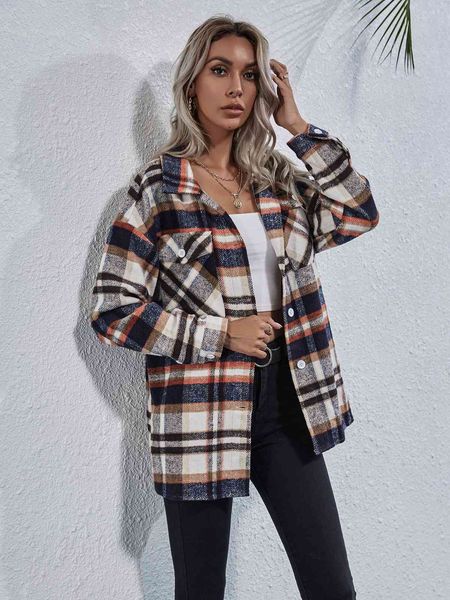 

luxury women's jackets women's versatile loose casual lapel plaid wool coat women's autumn and winter, Black;brown