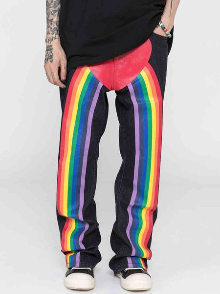 

men's jeans brim pants european style and american hip hop loose rainbow love street personality high 0r1r, Blue