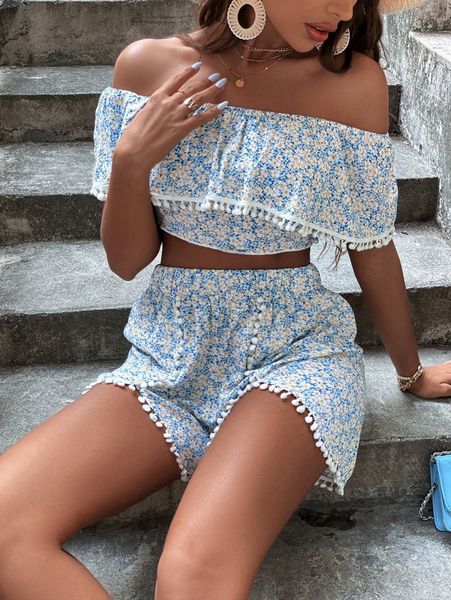 

floral dot lace & shorts set g1q6#, White