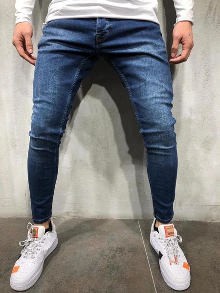 

men's jeans blue classic retro men skinny slim pencil pants elastic jogging denim mens wash pleated