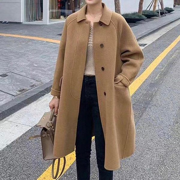 

women's wool & blends 2021 autumn winter double sides women long turn down collar slim chic elegant woolen jacket coats office lady par, Black