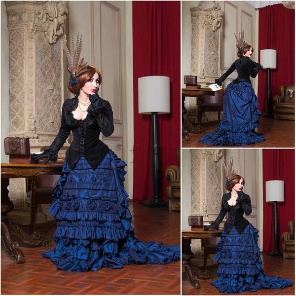 2022 Gothic Schwarz Königsblau Formelle Abendkleider Langarm 19. Jahrhundert Viktorianischer Bürgerkrieg Southern Marie Antoinette Prom Party Kleider