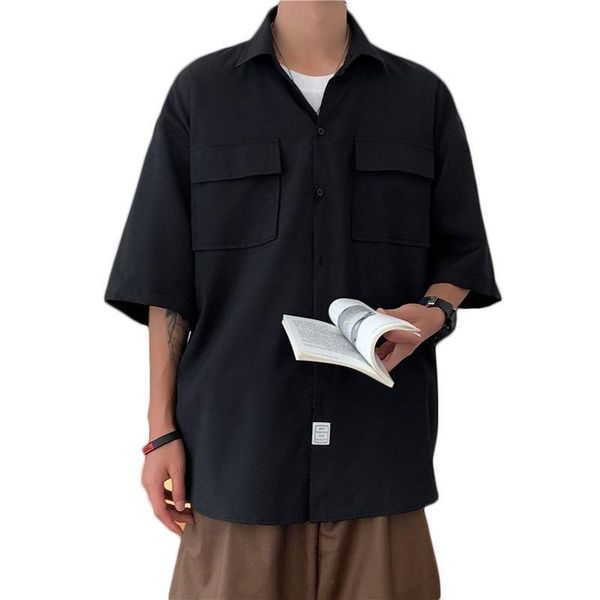 

men's casual shirts loose shirt summer tooling multi pocket short sleeve plus size hawaiian korean fashion large versatile jacket stree, White;black