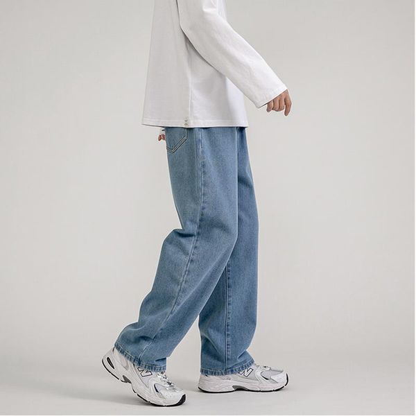 

men's loose straight pants solid color casual baggy homme cargo pocket jeans biker denim trousers, Blue