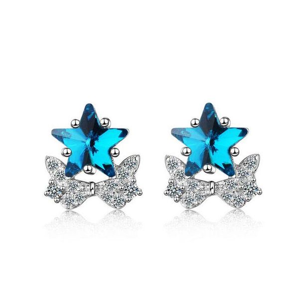 

fashion women 925 silver blue crystal clear zircon star pentagram bowknot stud earring female simple party jewelry ed713, Golden;silver
