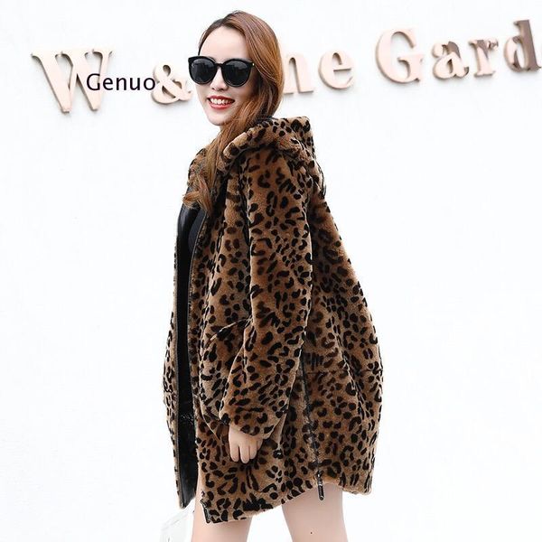 

women's fur & faux women leopard coats winter warm thick hooded jacket fashion long sleeve zipper loose plus size, Black