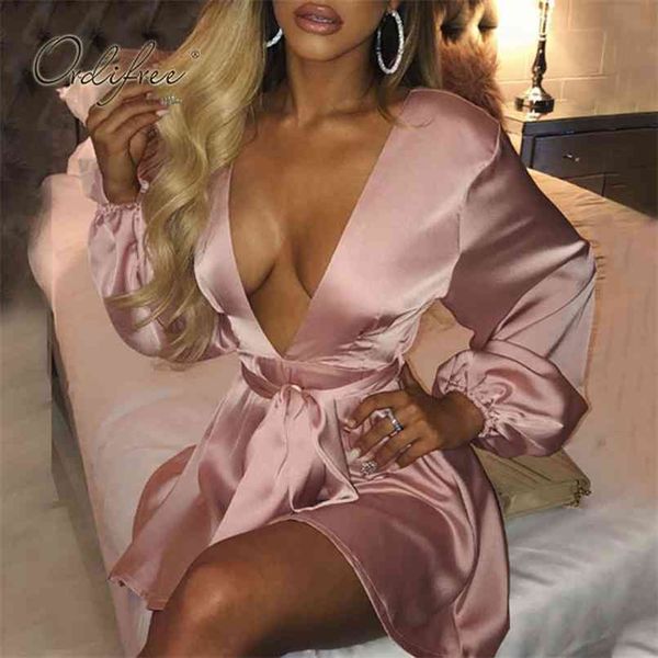

summer women satin mini dress long sleeve silk short party 210513, Black;gray