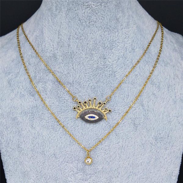 

2pcs turkish eye zircon copper stainless steel necklace women gold color layered statement jewelry collares nc5s02 pendant necklaces, Silver