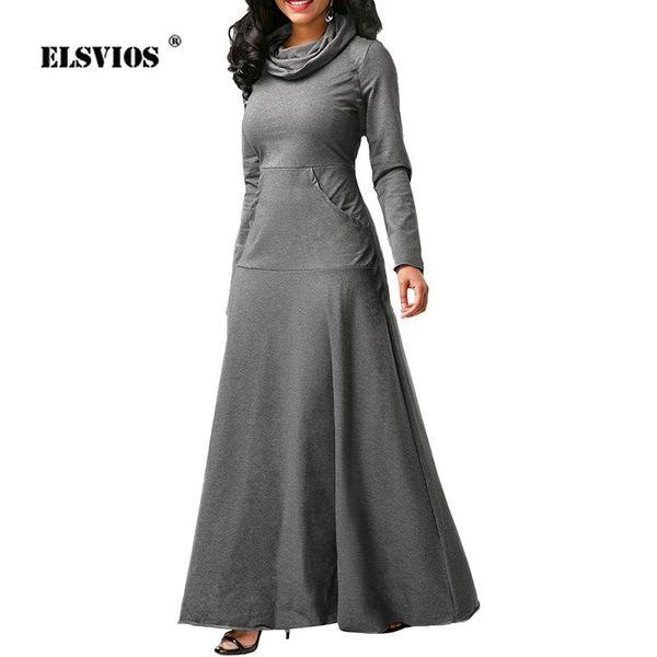 

women elegant solid long party dress casual pocket bib warm autumn winter vintage sleeve lady maxi dresses plus size, Black;gray