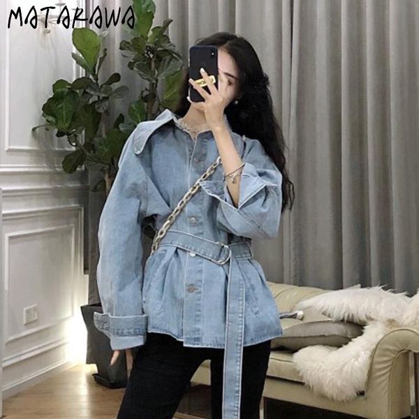 

women's jackets matakawa denim jacket korean loose turn down collar long sleeve single breasted sashes women all-match slim jean coat, Black;brown
